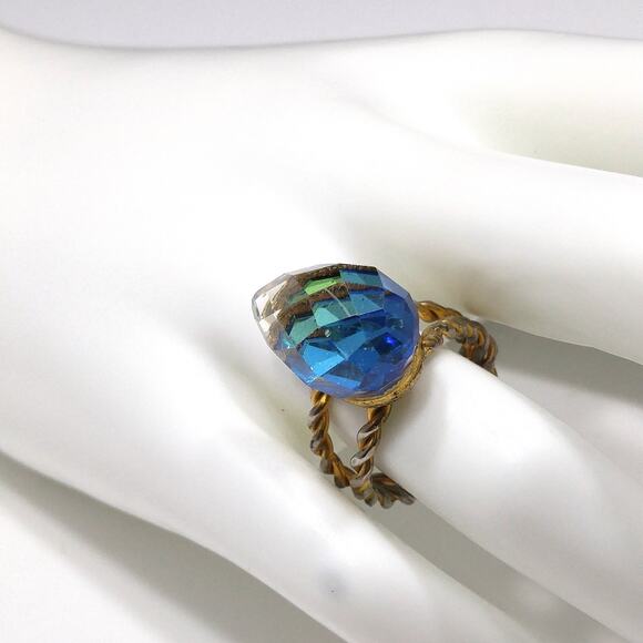 Vintage Clear Prism Ring, Twisted Band, 1960s, 10K Gold Plate, Size 7 Adjustable - Picture 1 of 10